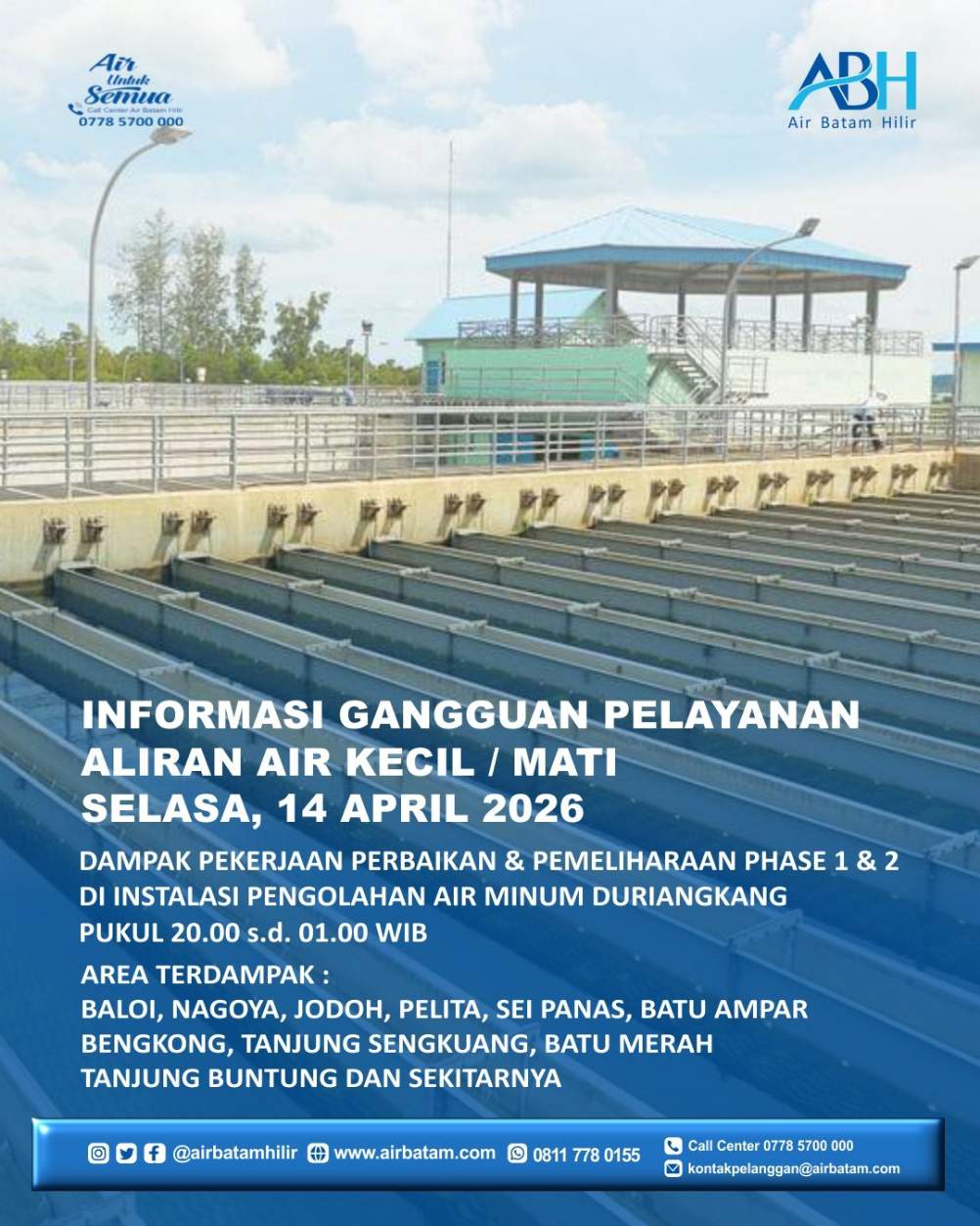 Informasi perbaikan dan pemeliharaan IPA Duriangkang, Rabu (14/4/26). Foto: ABH